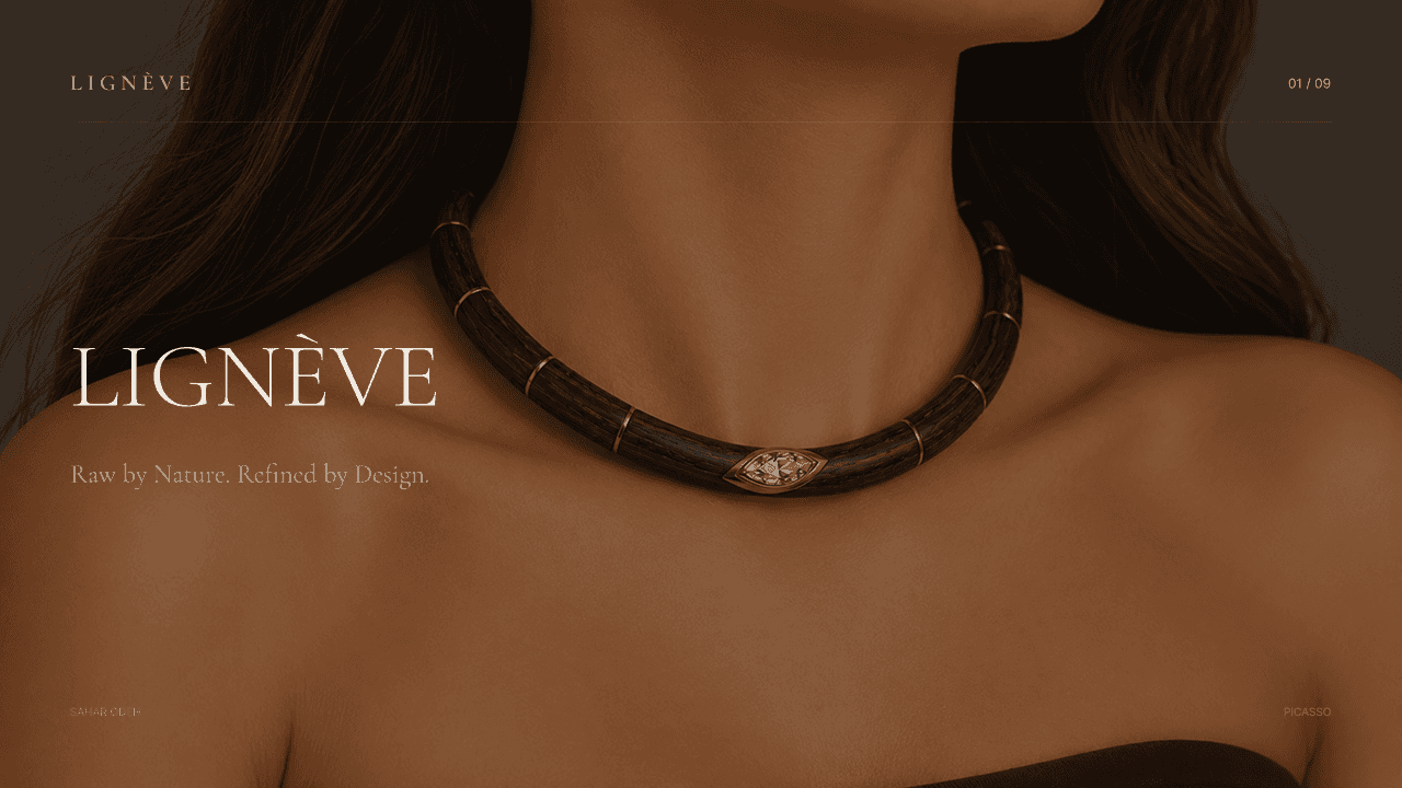 LIGNÈVE luxury jewelry presentation cover featuring a sculptural wood and gold necklace photographed against a warm editorial background.