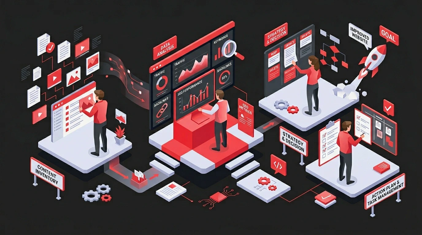 Stylized illustration of business professionals and a humanoid robot interacting with digital dashboards displaying analytics and profiles