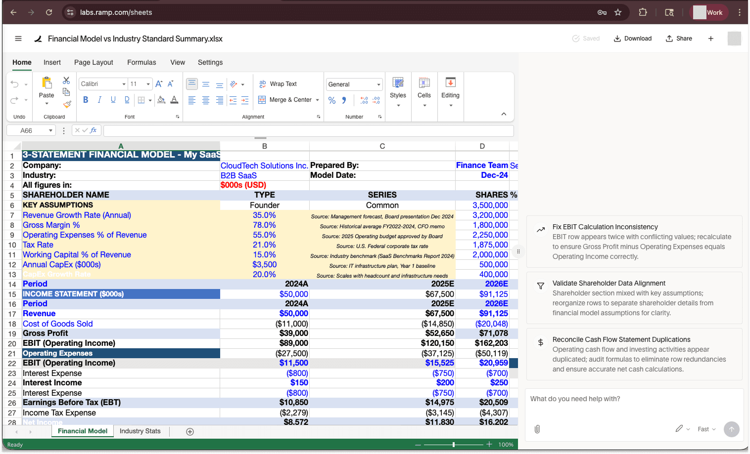 A financial model is opened in Ramp AI Sheets.