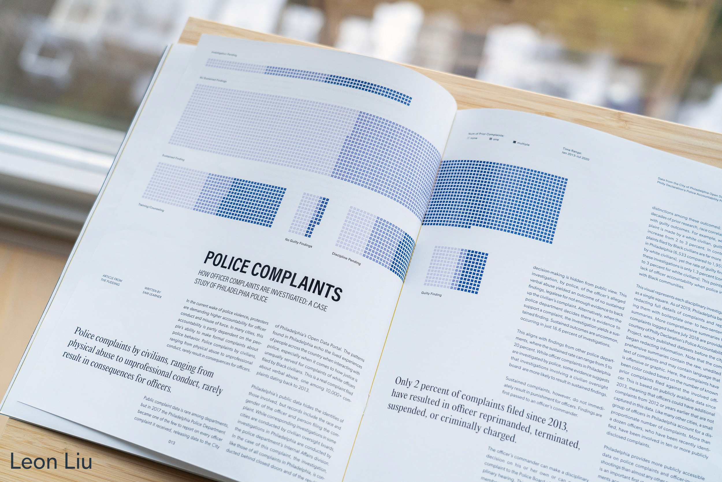 Magazine spread with blue graphics and black text on white background, by Leon Liu