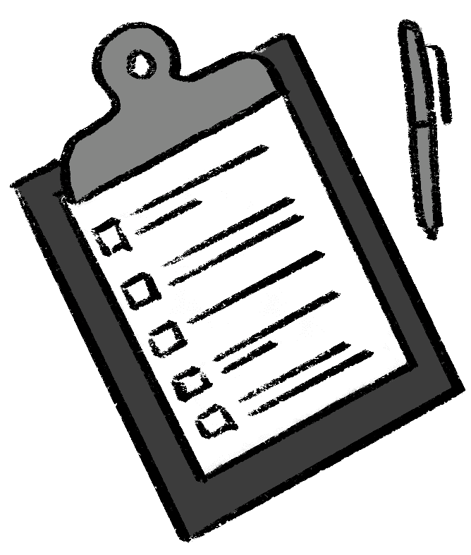 An image showing a black and white illustration of a pen and clipboard.