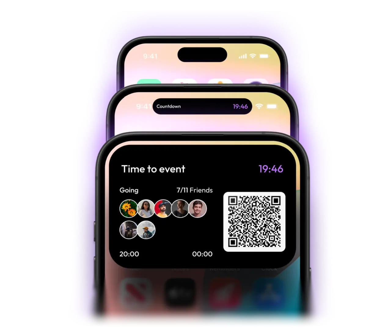 iPhone Dynamic Island and lock screen live activity mockups showing real-time Gatherly event updates including poll results and group chat notifications