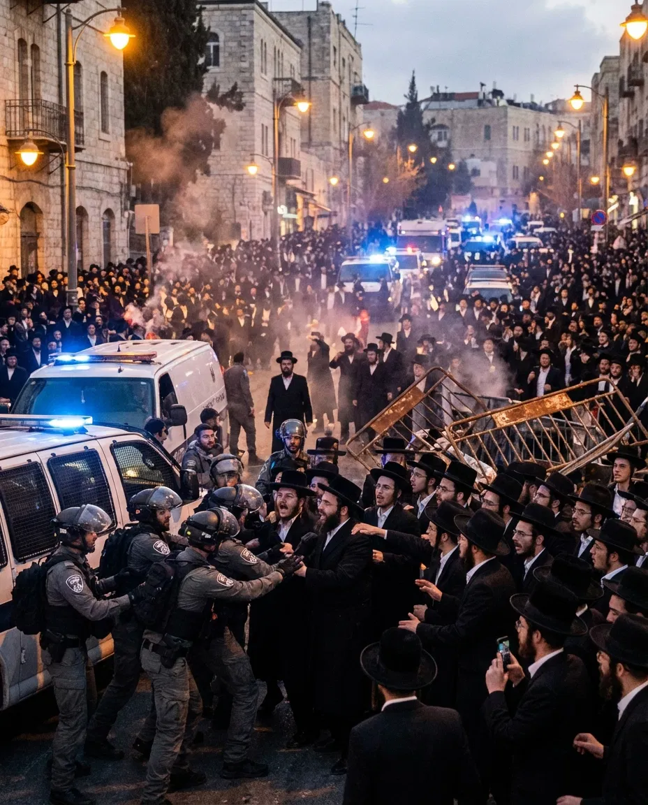 Ultra Orthodox protesters and police during a tense street demonstration in Jerusalem at dusk.