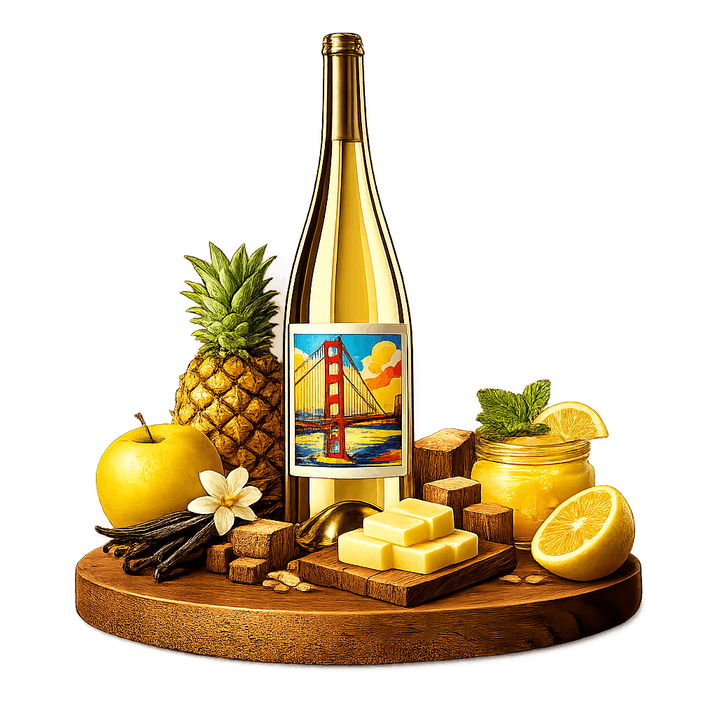 Artistic label and flavor profile for Californian Chardonnay on a rustic wooden table.