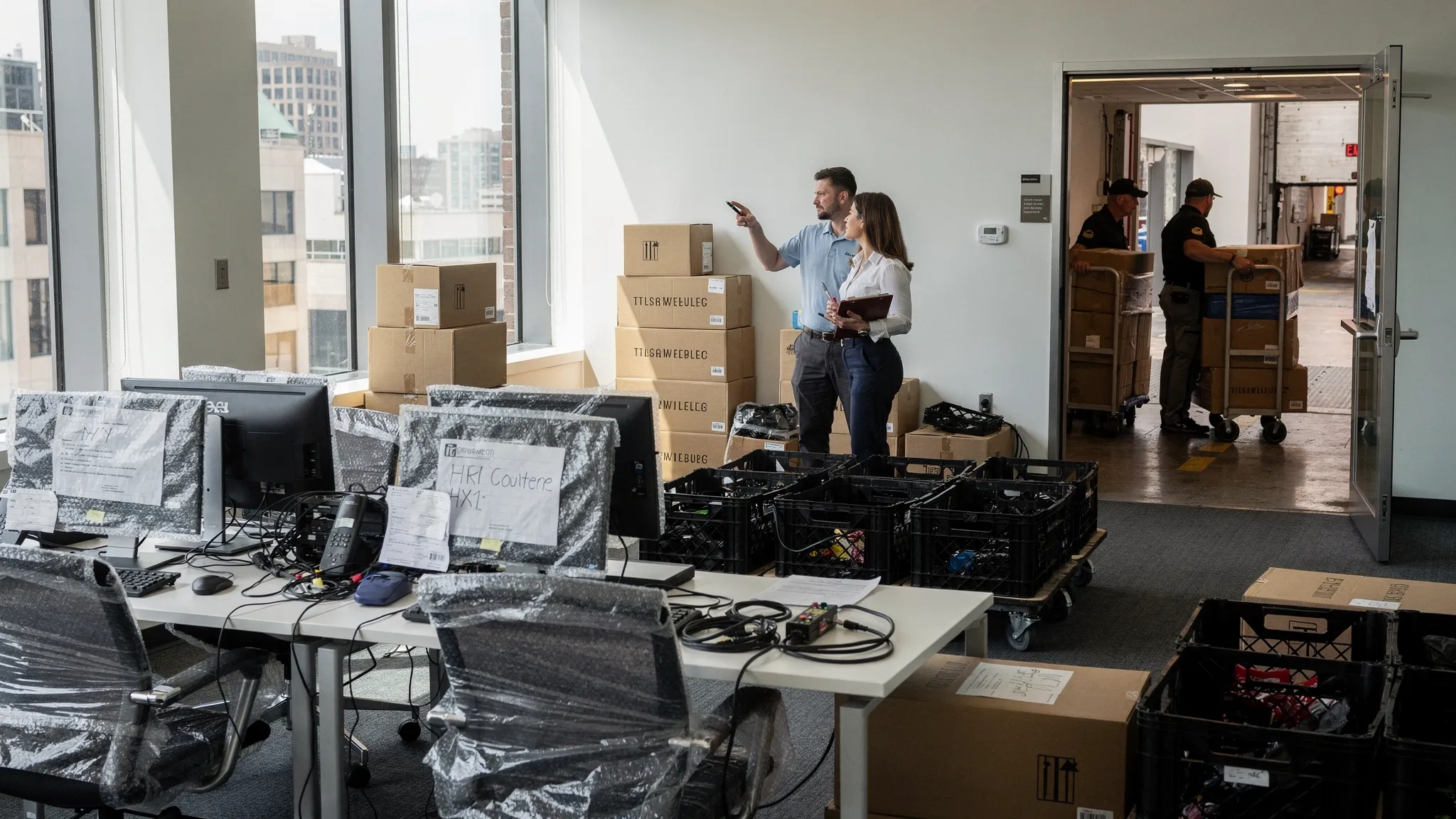 A mid-size office being packed for a move: labeled computer monitors, rolling crates, wrapped office chairs, and a supervisor holding a clipboard while coordinating movers near a loading area.