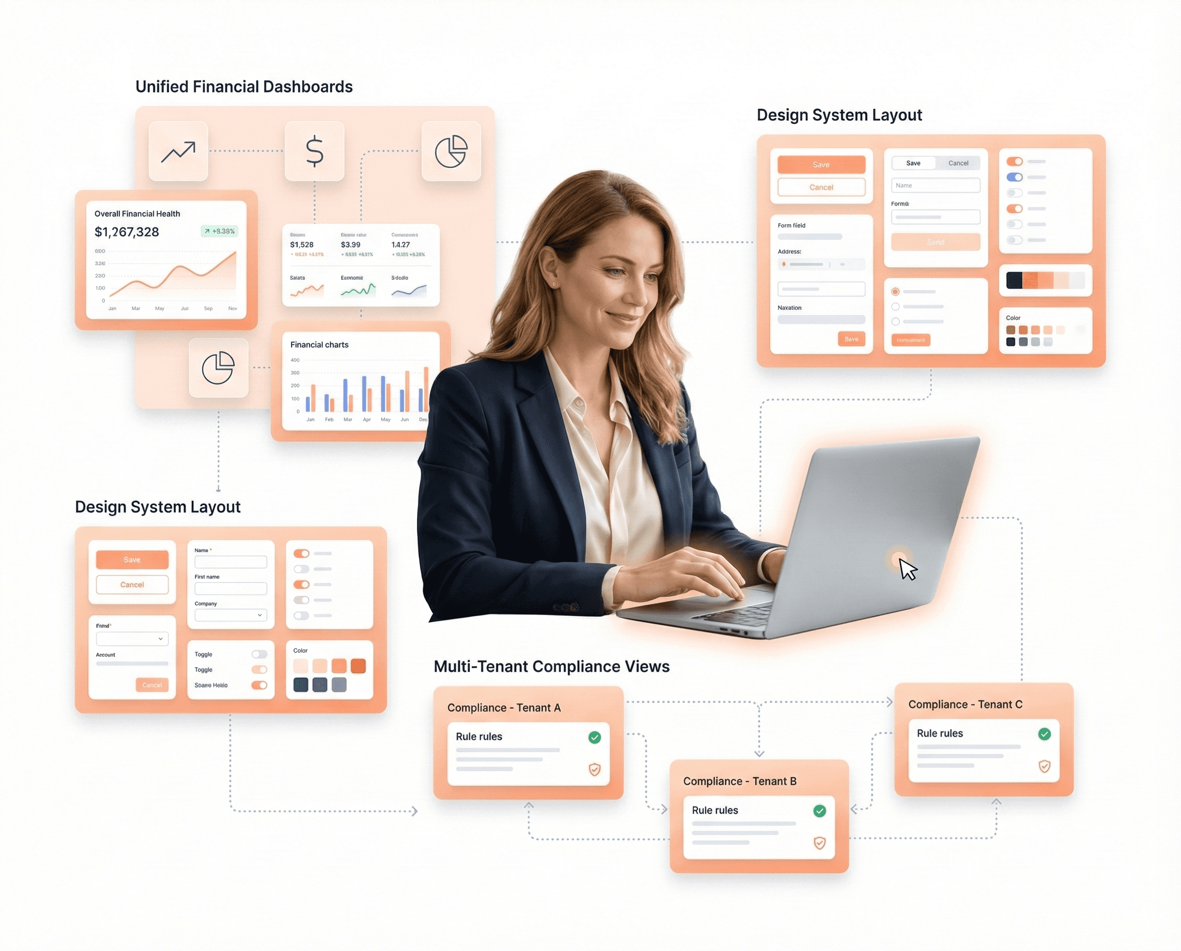 Visual of unified financial dashboards and reusable UI components connected through a design system, illustrating a compliance-first UX redesign with scalable frontend architecture.