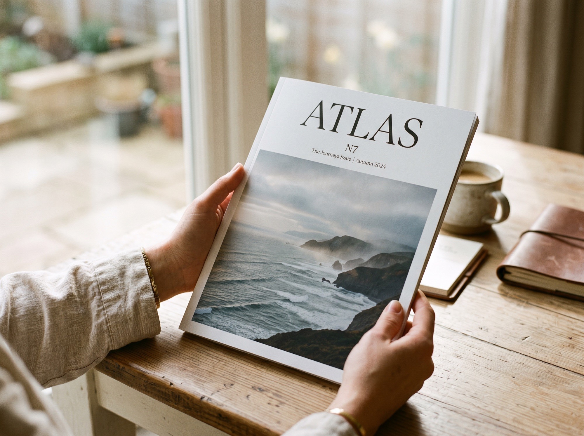 Hands holding Atlas magazine issue N°7 with a misty coastal cover