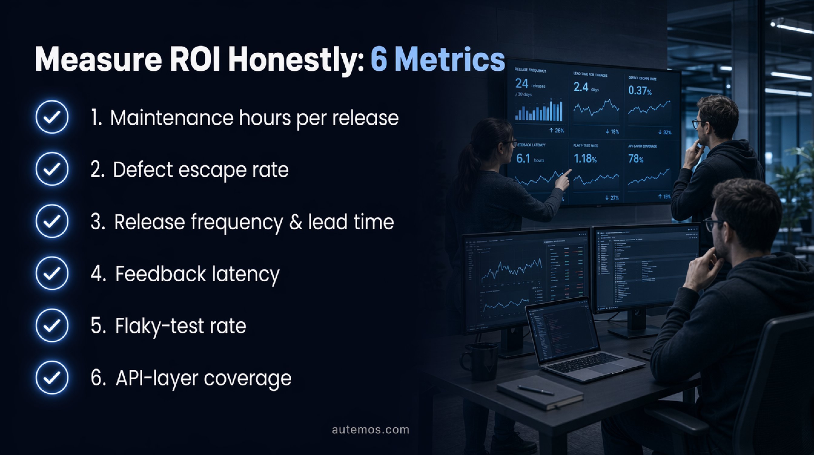 Six metrics for honest ROI: maintenance hours per release, defect escape rate, release frequency and lead time, feedback latency, flaky-test rate, API-layer coverage.