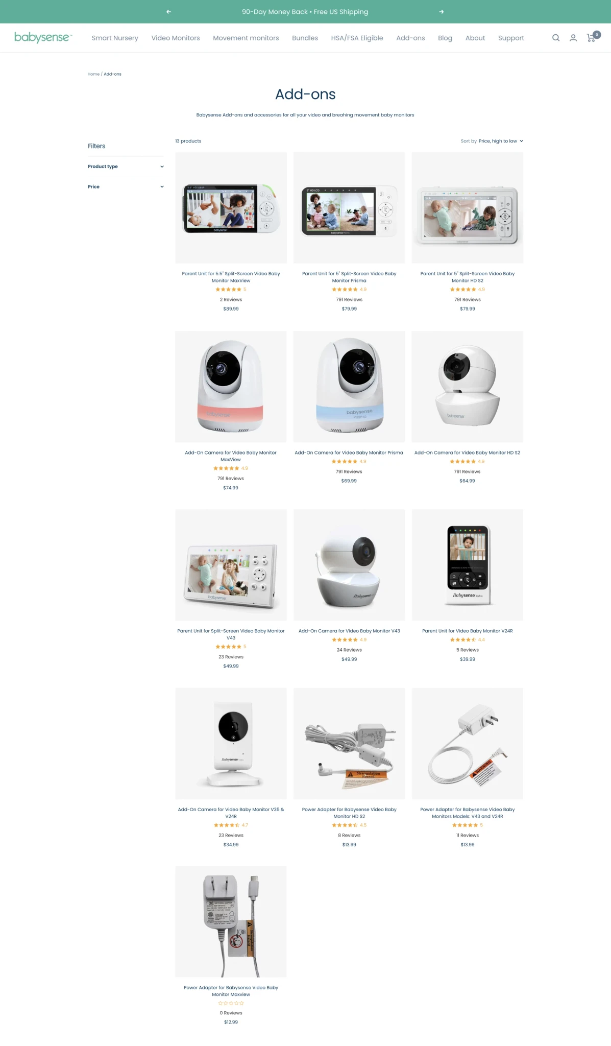 babysense e-commerce store website add ons catalog page