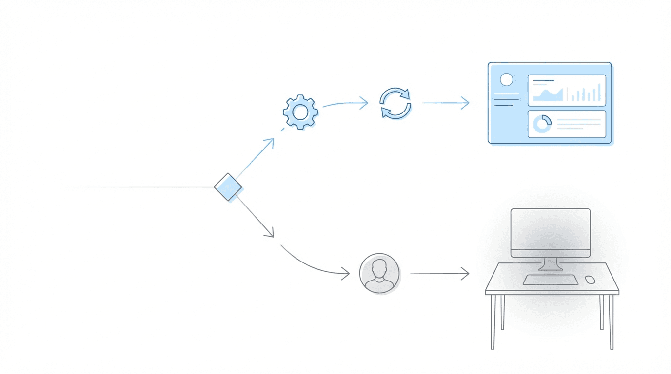 Decision fork showing two diverging paths from a single decision point — automation path with gears leading to a dashboard versus hiring path with a person icon leading to a desk
