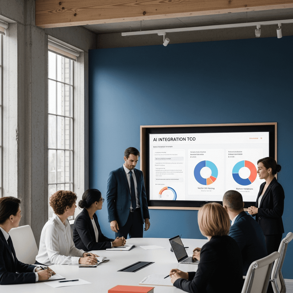Editorial photograph of a minimalist, well-lit law firm conference room. A diverse team of legal professionals in business attire is gathered around a large, integrated screen displaying a complex financial dashboard titled 'AI Integration TCO'. The dashboard shows pie charts and line items like 'Vector DB Hosting' and 'Human Validation'. The room features natural wood, concrete walls, and large windows with soft, natural light. Ample negative space in the upper-left third for text overlay. Color palette focuses on deep blues (#1F3B5B), muted earth tones (#F5F2EC), and subtle orange accents (#E76F51). Aspect ratio 16:9. Photorealistic, no logos, no text on screen except for generic labels.