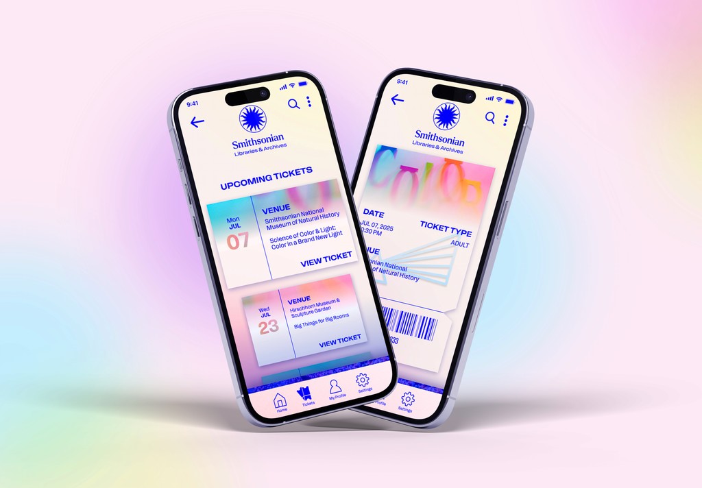 Two phone screens with a digital ticket interface for the Smithsonian exhibit.