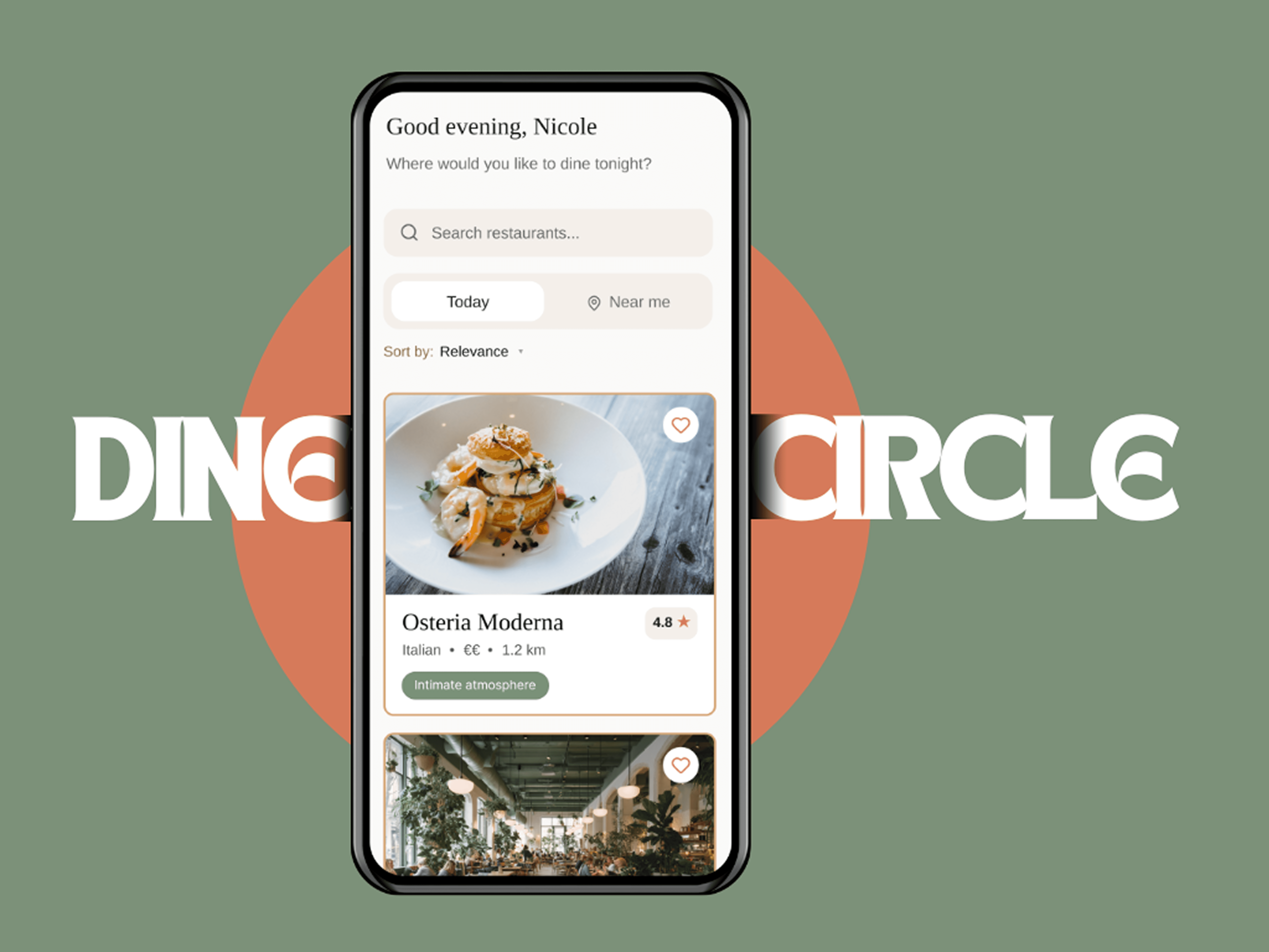 App UI mockups displayed on a smartphone, showing the DineCircle food discovery interface on a green background
