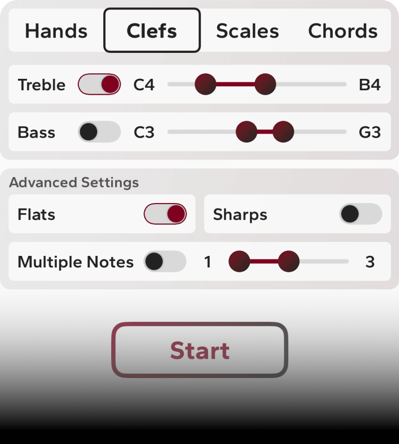 Perceive Piano quick practice settings screen showing customizable note range, key signature, tempo, and hand options for sight-reading sessions