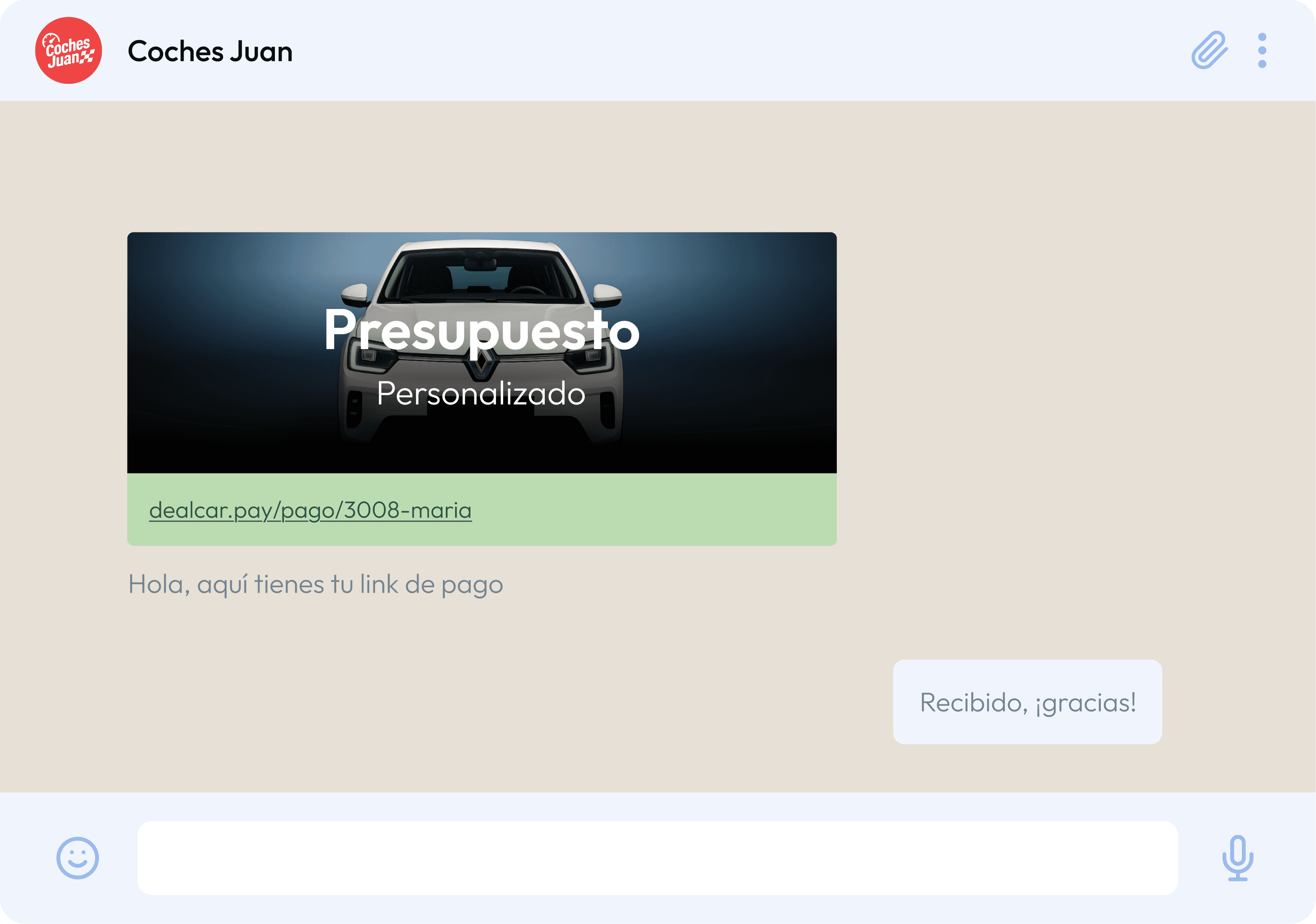 Auto Juan: link personalizzato per il preventivo dell’auto condiviso via chat. Immagine "Preventivo" di un’auto bianca. Link di pagamento.