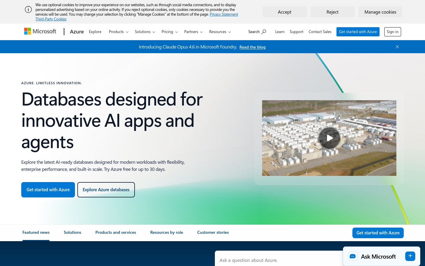 azure.microsoft.com homepage hero section screenshot