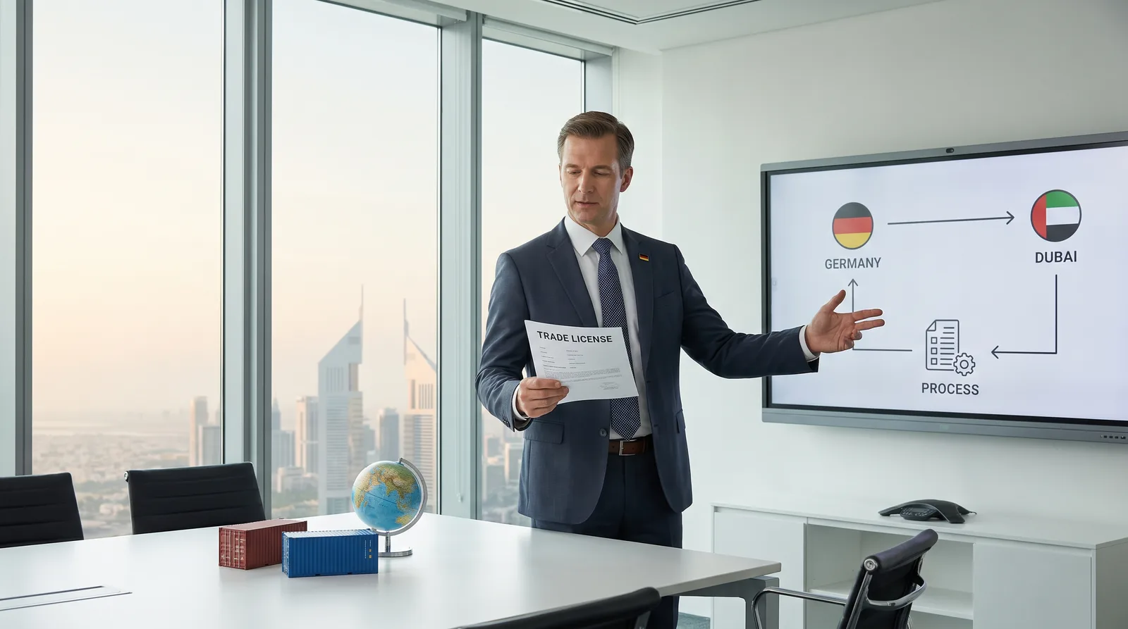 German founder planning a Dubai company setup at a modern desk with the skyline behind