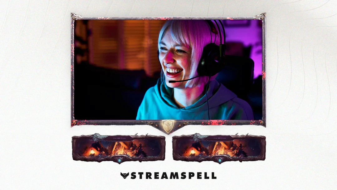 A streamer using a RPG styled webcam overlay for OBS and Twitch, themed around Monster Hunter Wilds.