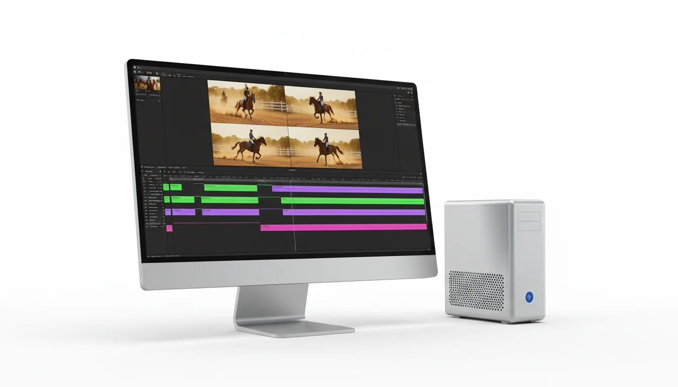 3D product render of a high-end video editing workstation, isolated on a clean white background. A sleek, modern silver aluminum monitor with thin bezels and a matching compact silver aluminum computer tower. The monitor displays the user interface of a professional video editing software in a modern dark mode, showing a multi-cam viewer grid with cinematic shots of people riding horses in a sandy arena. Below the viewer is a complex, multi-layered video timeline with vibrant tracks colored in green, purple, and pink, filled with placeholder UI elements. The scene is illuminated by soft studio lighting with subtle shadows.