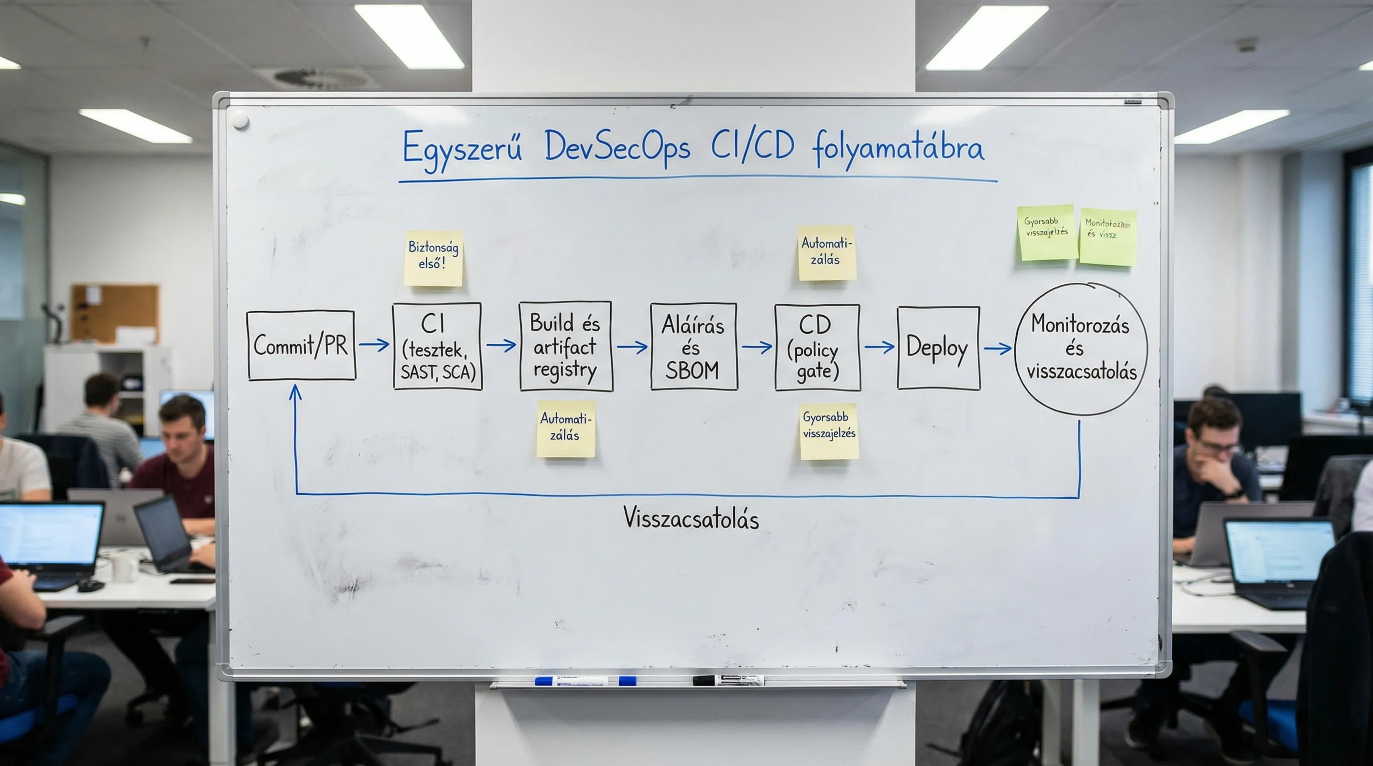 Egyszerű DevSecOps CI/CD folyamatábra, balról jobbra: Commit/PR, CI (tesztek, SAST, SCA), Build és artifact registry, Aláírás és SBOM, CD (policy gate), Deploy, Monitorozás és visszacsatolás.