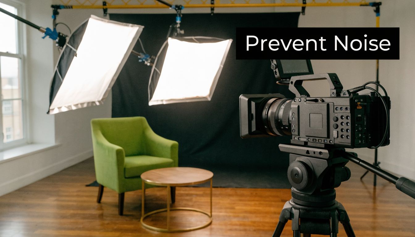 A professional video studio setup featuring a camera, a green chair, and bright studio lighting.