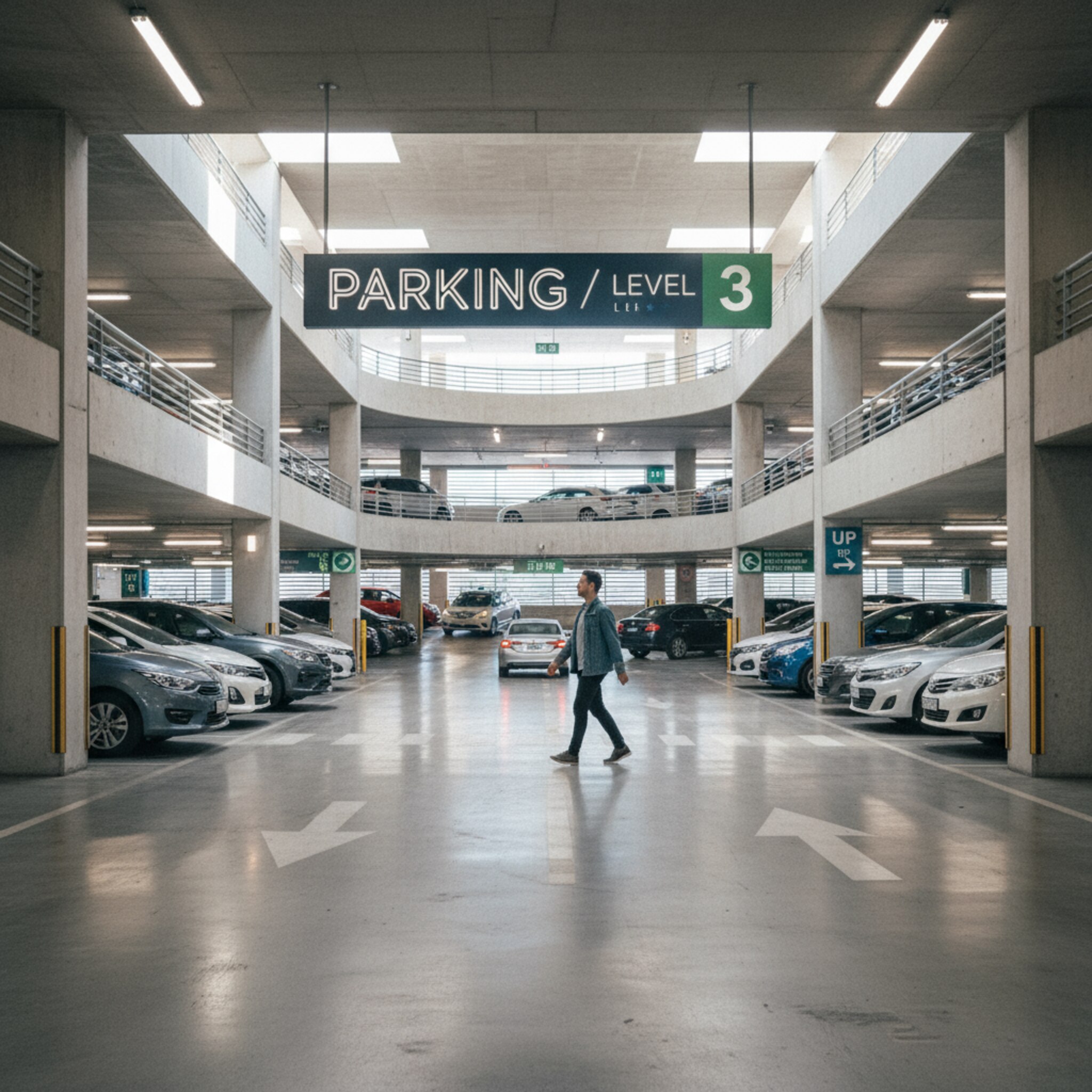Mehrstöckiges Parkhaus mit klarer Wegeführung. Einige Stellplätze sind frei, andere geordnet belegt, die Verteilung wirkt ausgewogen. Helles, indirektes Licht zeigt Strukturen ohne harte Schatten. Ein ruhiger Fluss von Fahrzeugen gleitet durch die Ebenen.