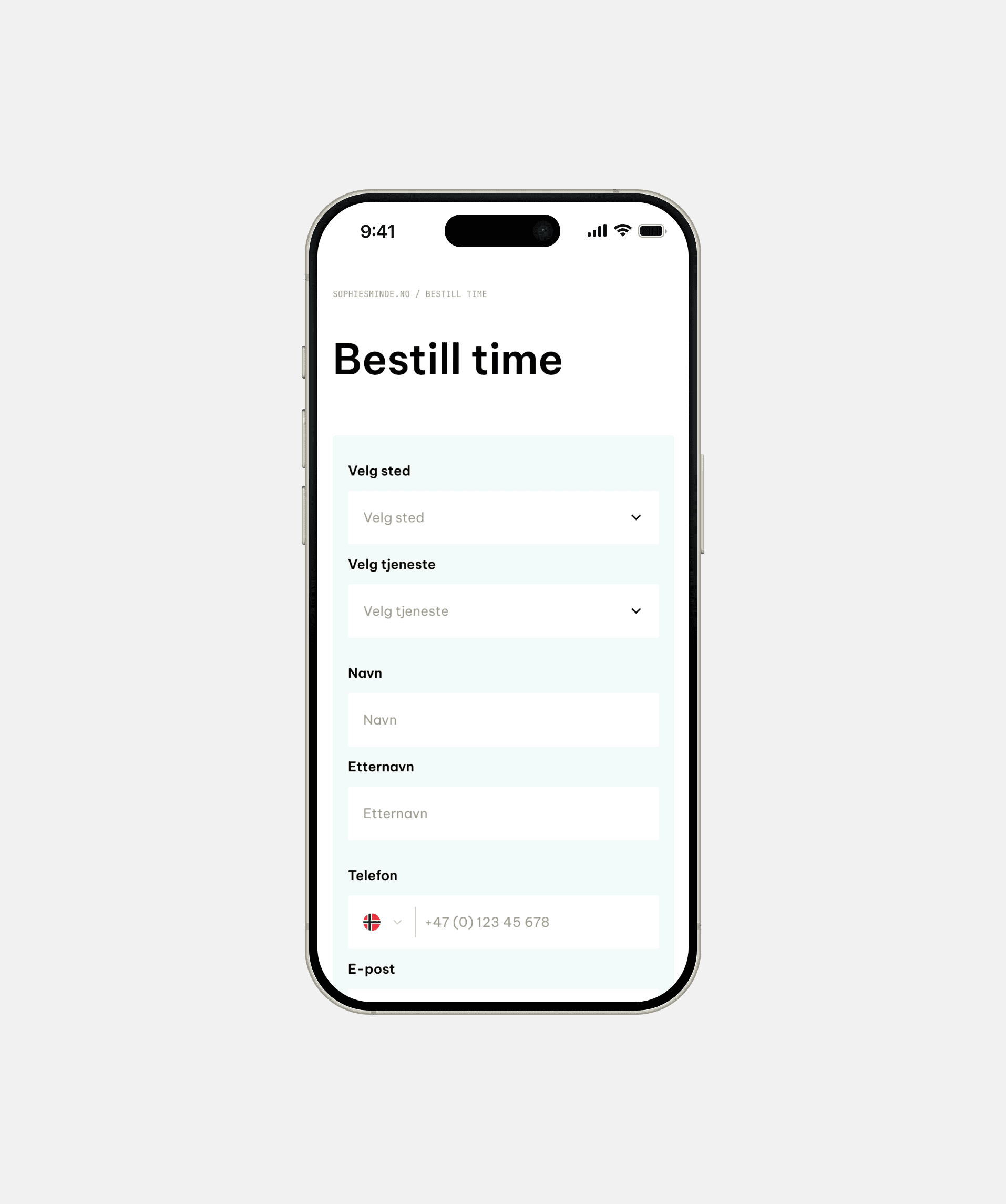 iPhone displaying a booking app. Fields include: choose service, choose location, date, time, e-mail, and phone number.