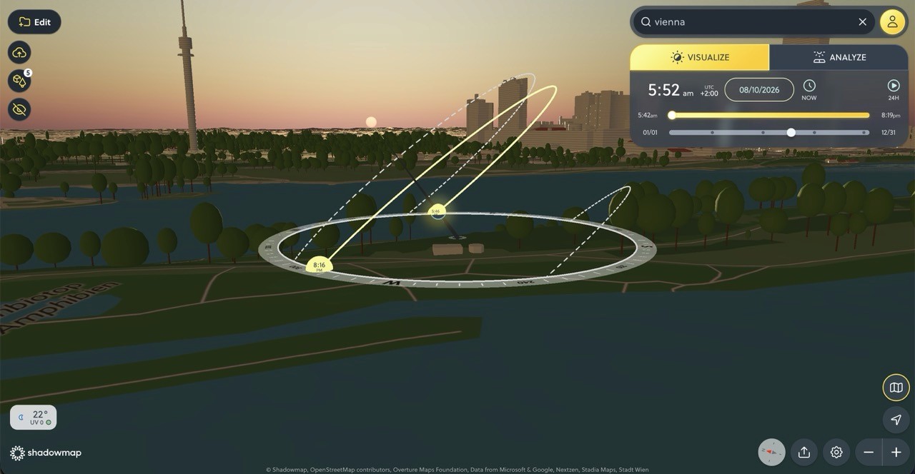 Shadowmap screenshot finding sunrise location sun path circadian health