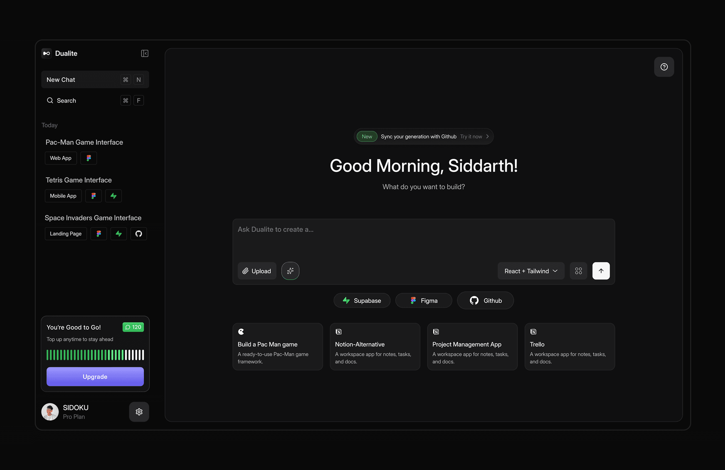 A dark-themed user interface showcasing a chat-like platform with options to create, upload, and suggest projects, alongside icons for popular design tools like Figma and GitHub.