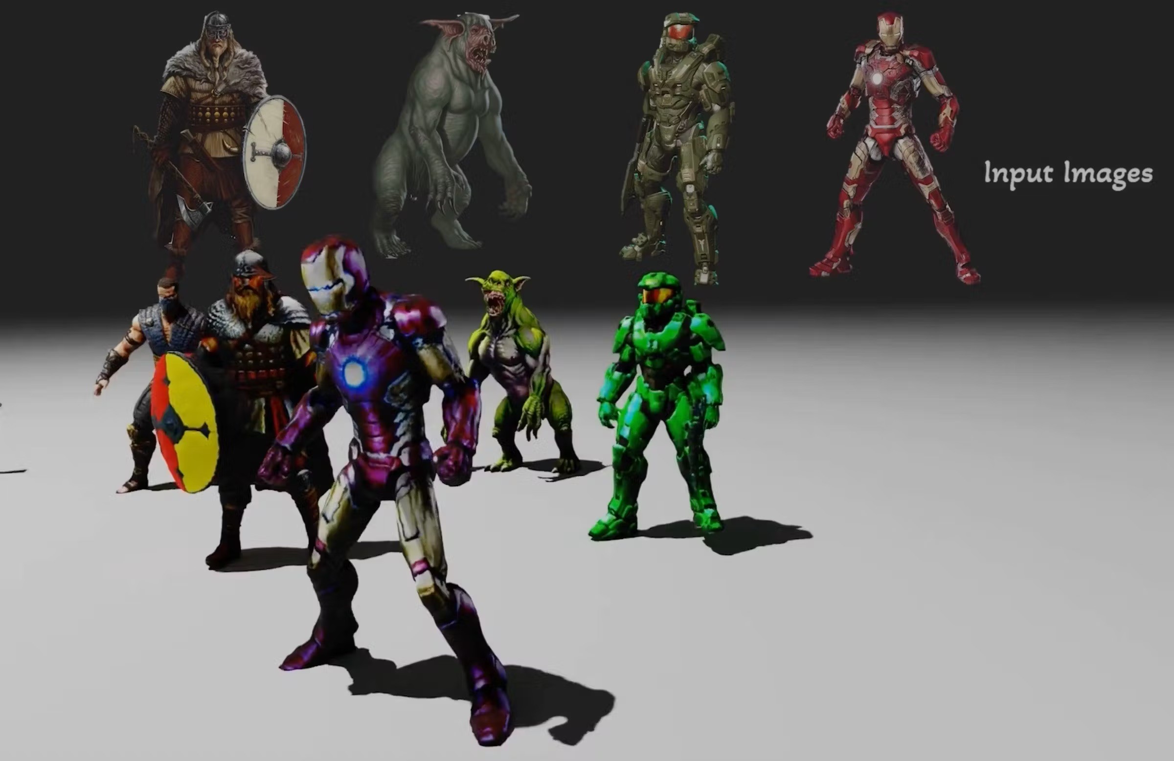 3D models of various colorful superhero and villain characters posed dramatically against a dark background.