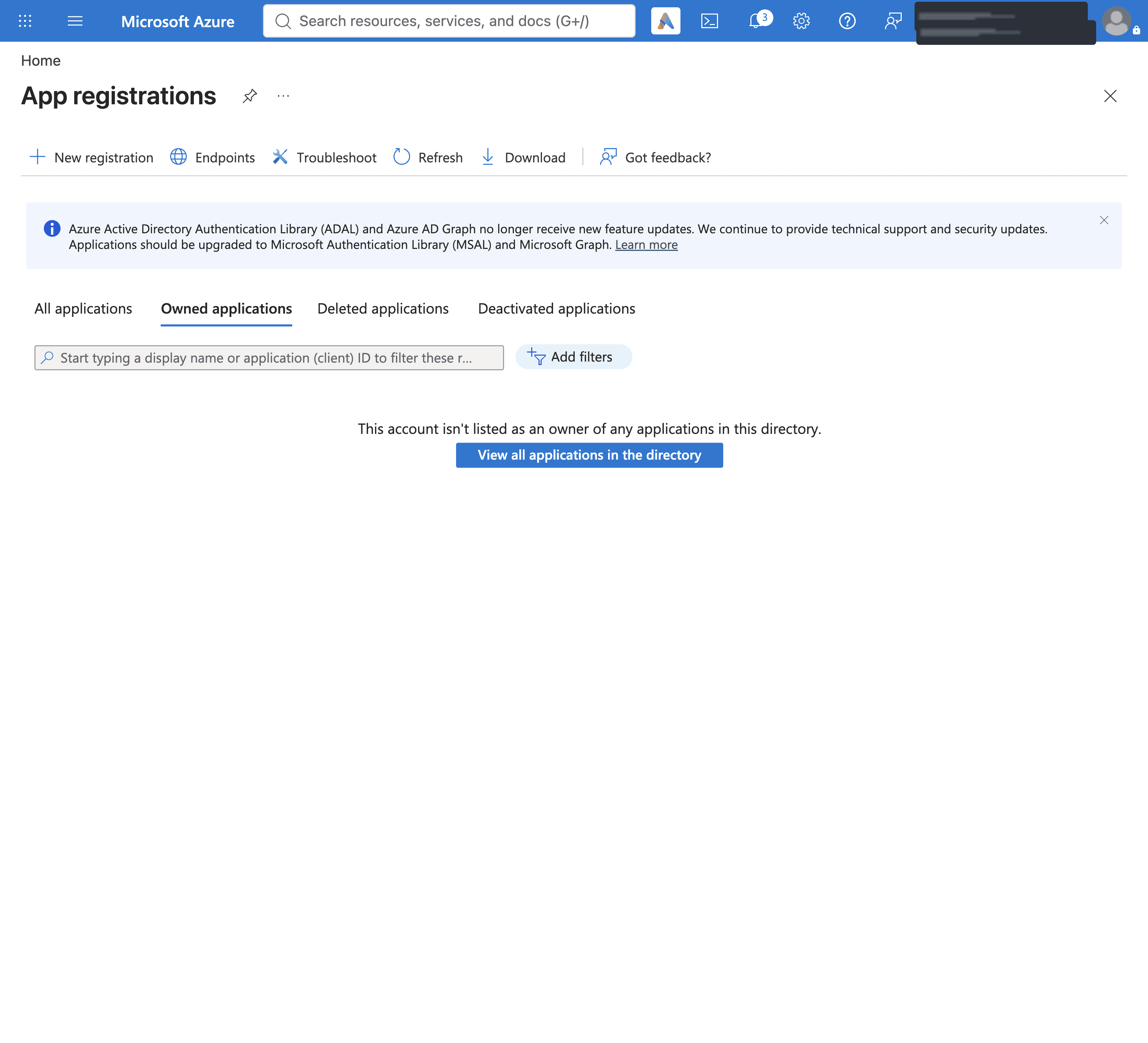 App registrations page in Azure
