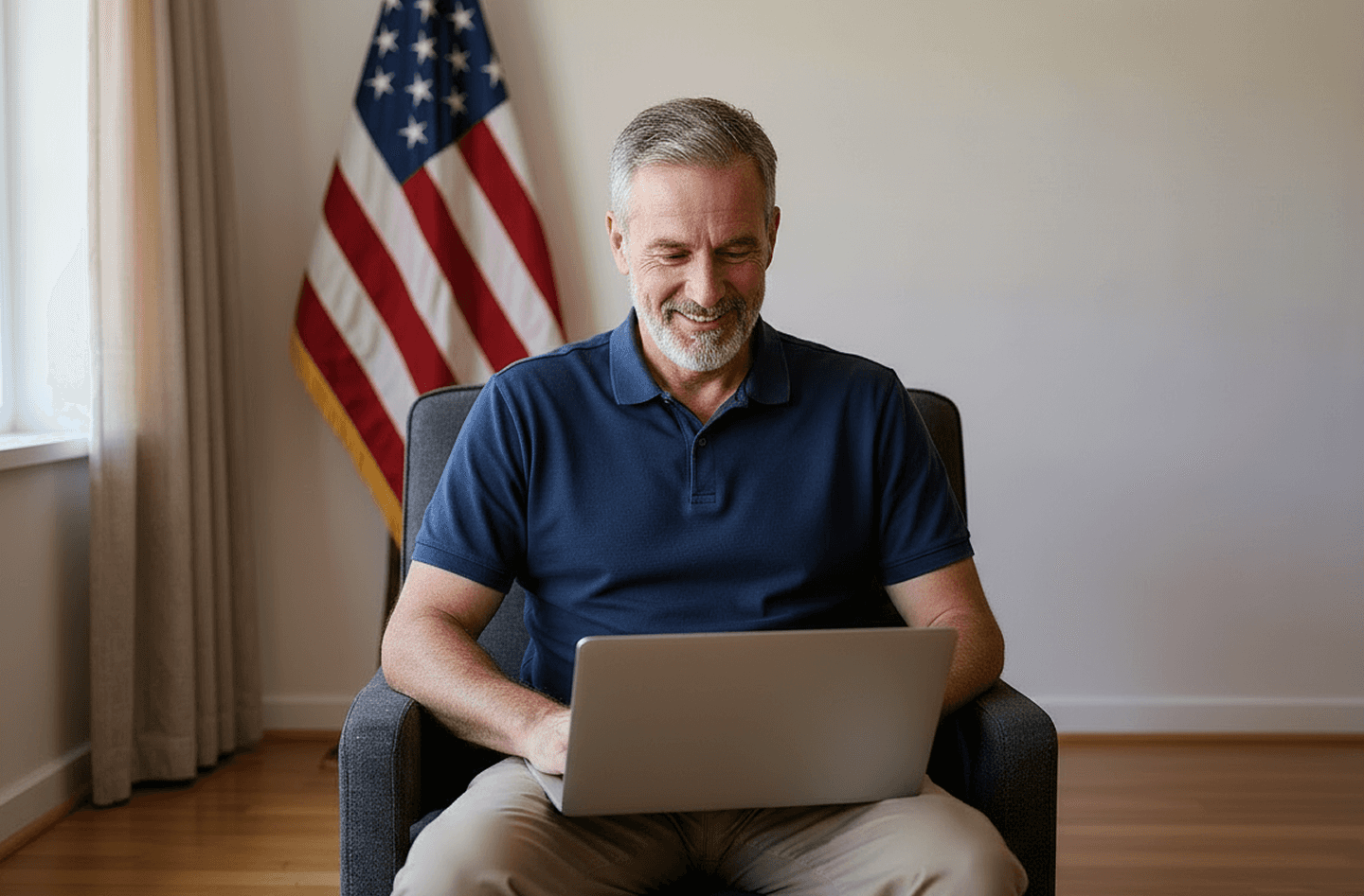 an old man holding US Flag