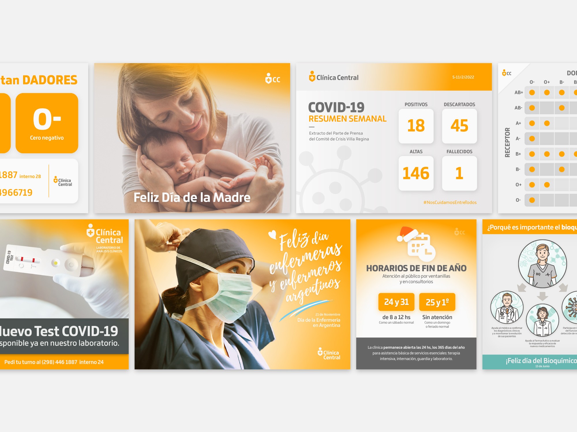Colección de piezas gráficas destinadas a publicaciones en la cuenta de Facebook de Clínica Central.