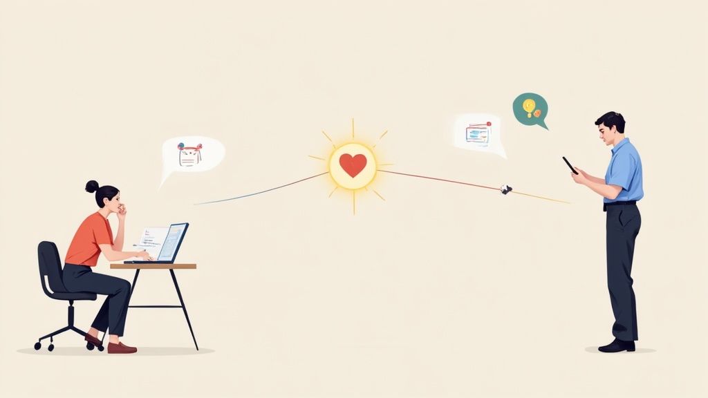 Illustration of a woman and man connected by lines to a central heart-sun, using digital devices.