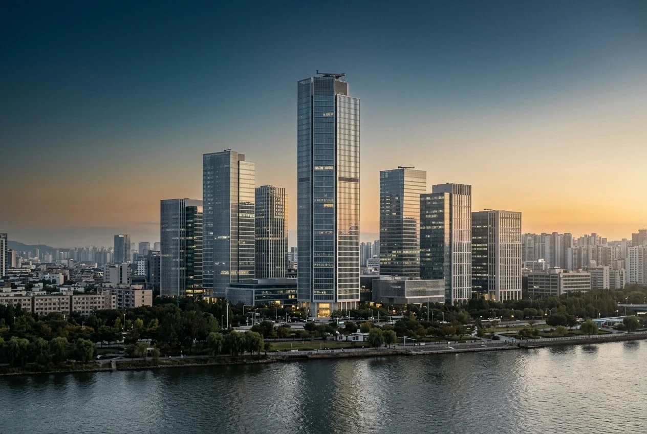 Downtown skyline along a river at sunset, with pink and blue sky tones