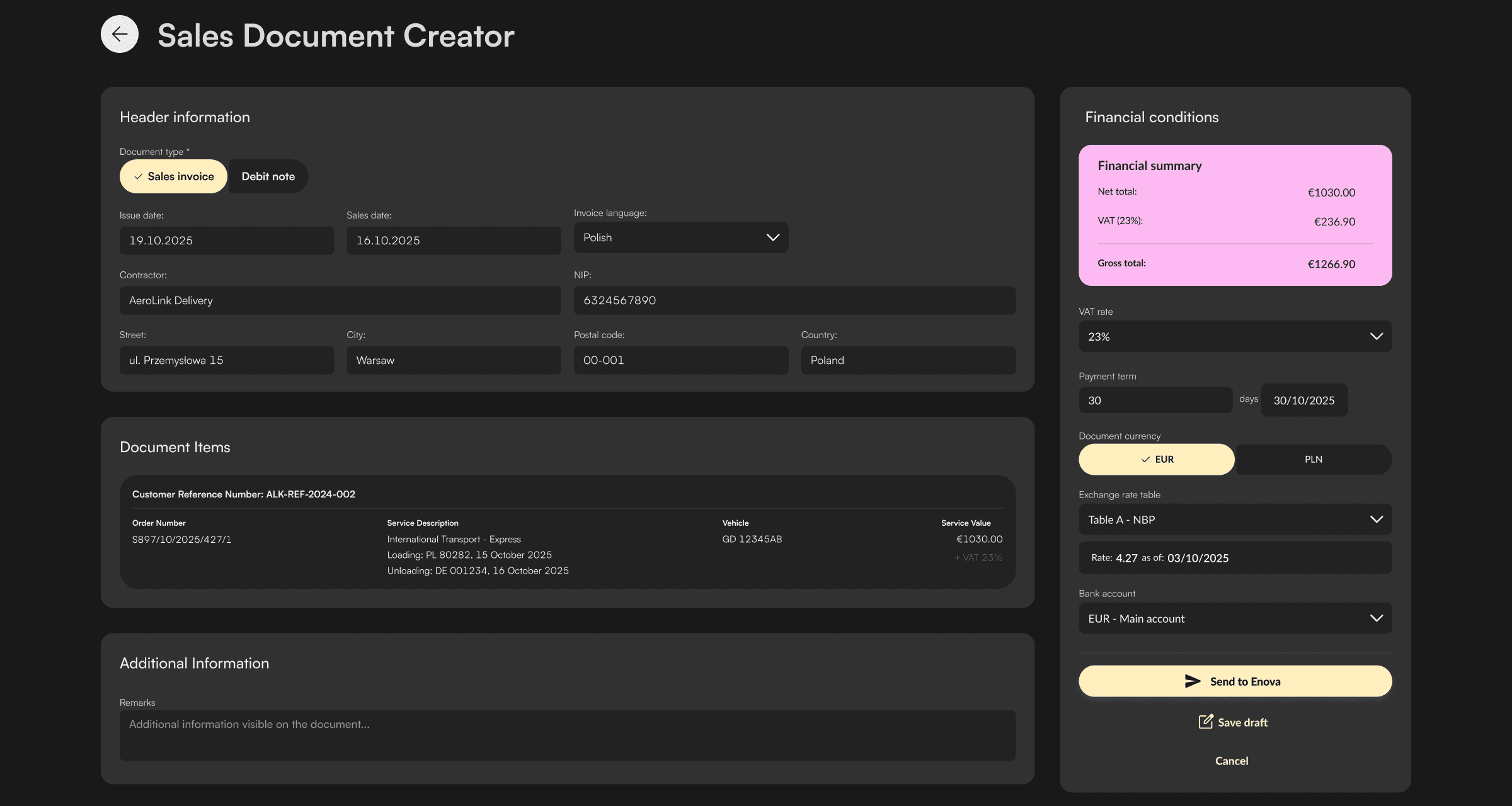 A screen of document sales creator in TMS web app