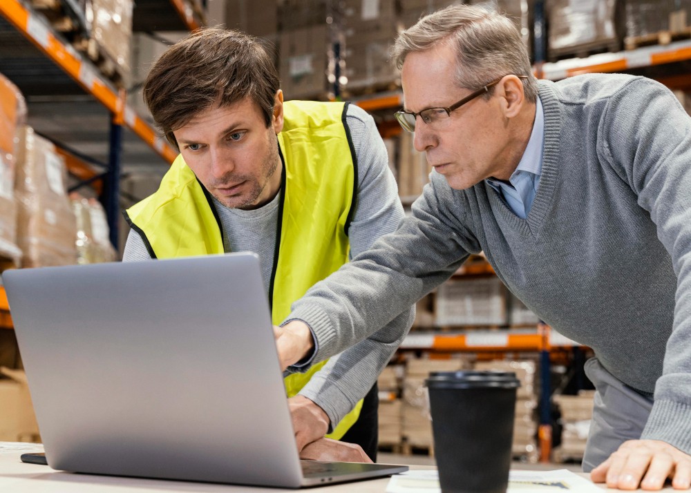 two men analyzing data on a computer