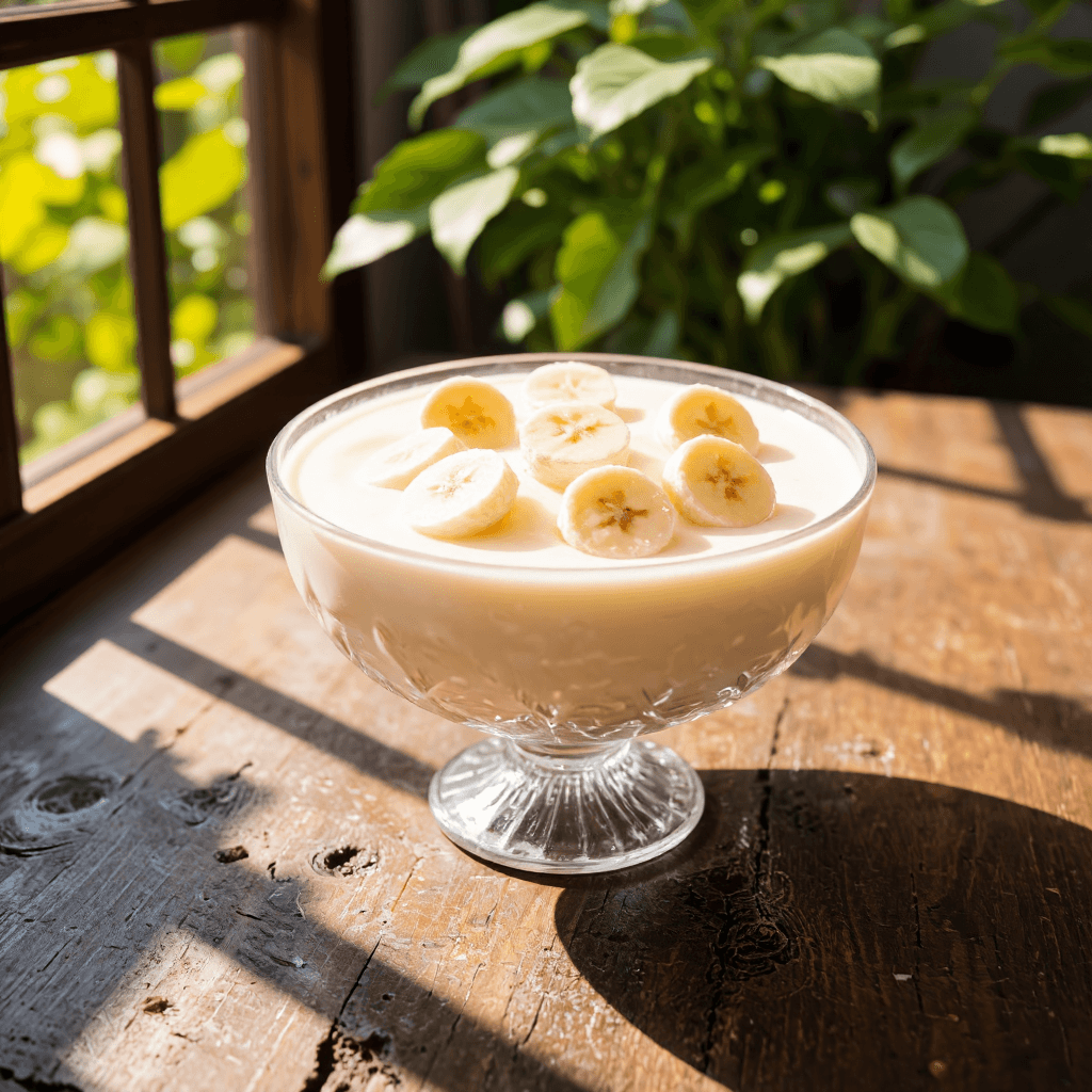product photography of a bowl of vanilla cream dessert topped with banana slices