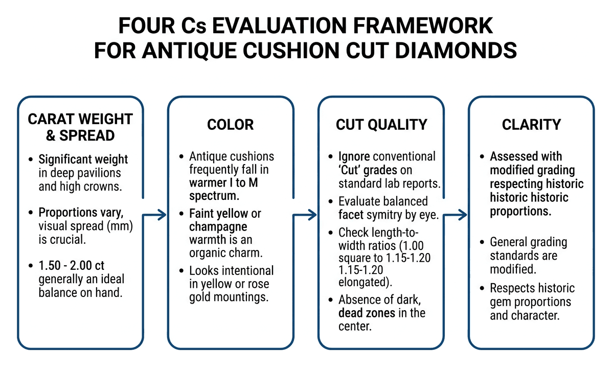 Four Cs evaluation framework for antique cushion cut diamonds