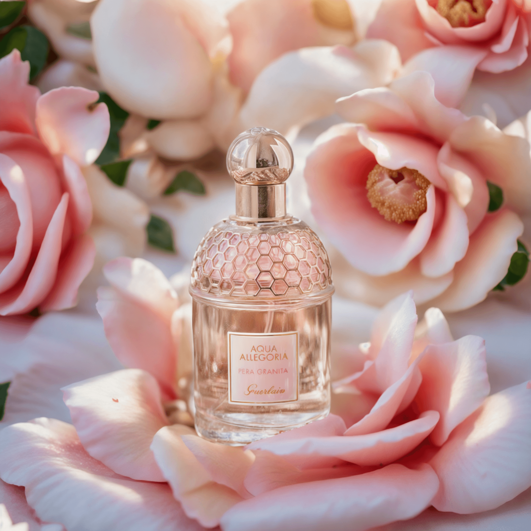 Bottle of perfume over a table full of roses. Image generated by AI using Fuzer