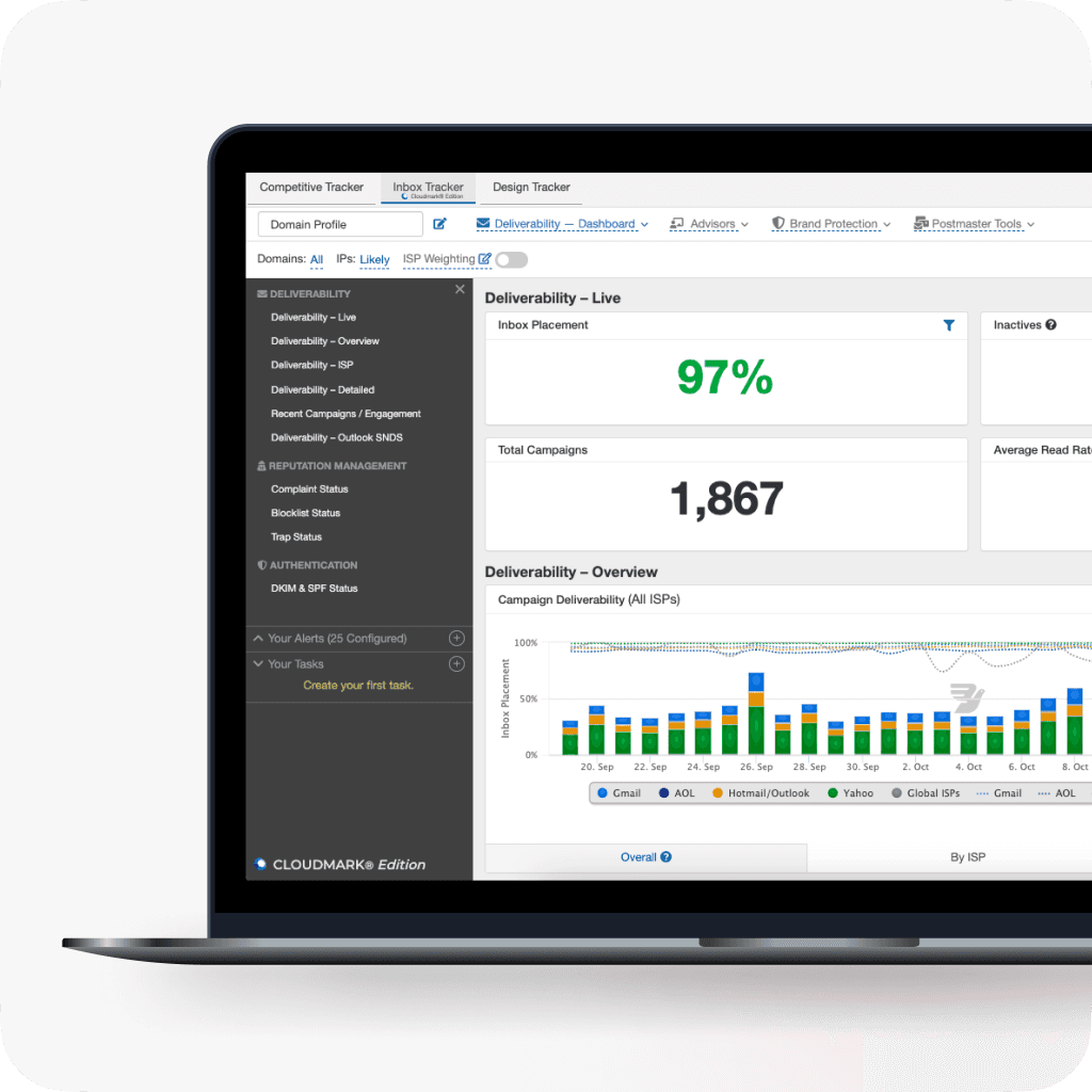 Laptop displaying a sending domain volume report with daily email metrics and activity logs.