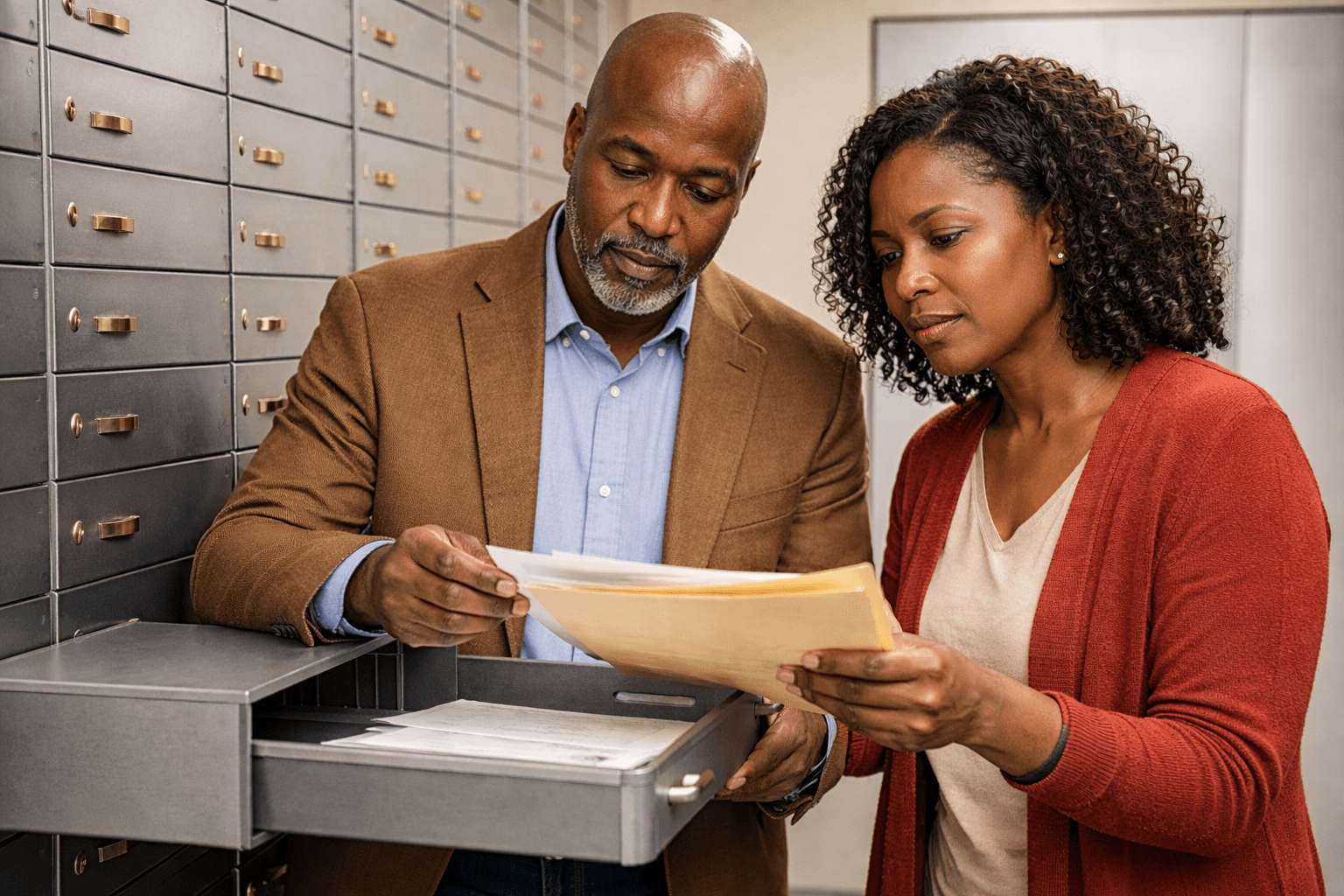 couple look at documents removed from safety deposit box