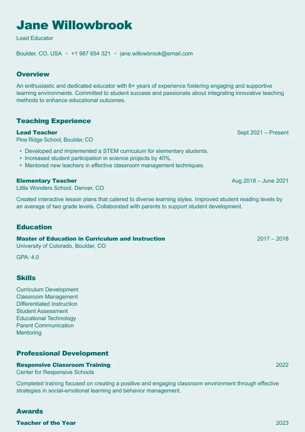 Harbor resume template — clean single-column layout for educators