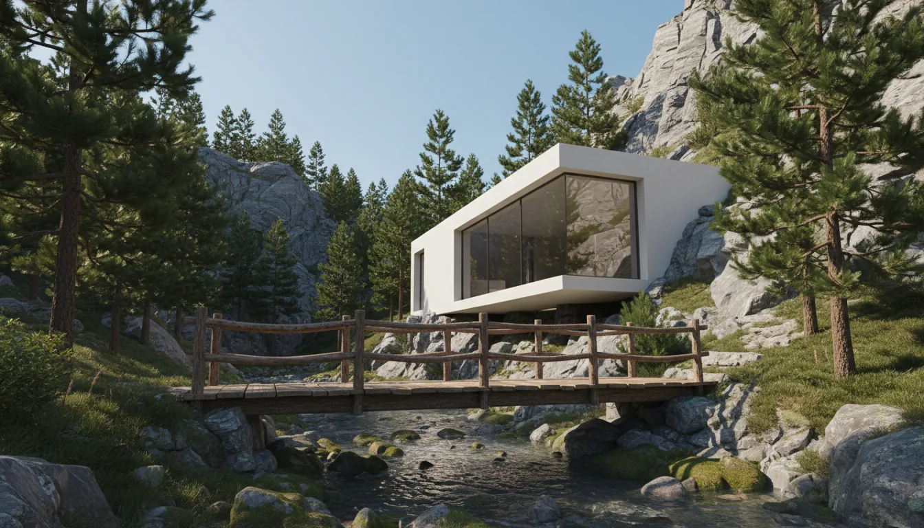 A high-fidelity 3D render of a modern architectural visualization, in the style of Twinmotion. A minimalist house with off-white stucco walls and expansive floor-to-ceiling glass windows is built into a rocky, pine-forested mountainside. In the foreground, a rustic wooden plank bridge crosses a clear, shallow creek flowing over moss-covered boulders. The scene is illuminated by soft global illumination simulating bright, natural daylight with a clear blue sky. Low-angle perspective, sharp focus, hyper-realistic textures on the rocks, water, and foliage.