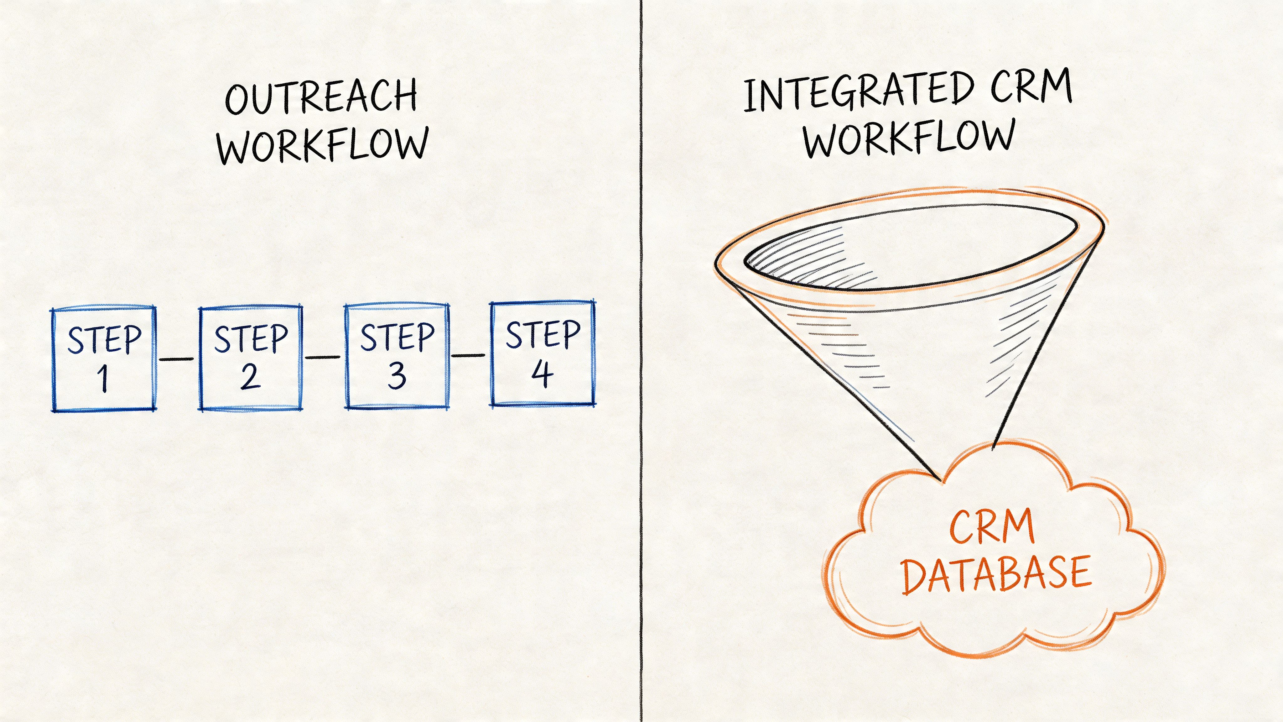 A comparison illustration showing a linear outreach workflow process versus an integrated CRM database funnel workflow.