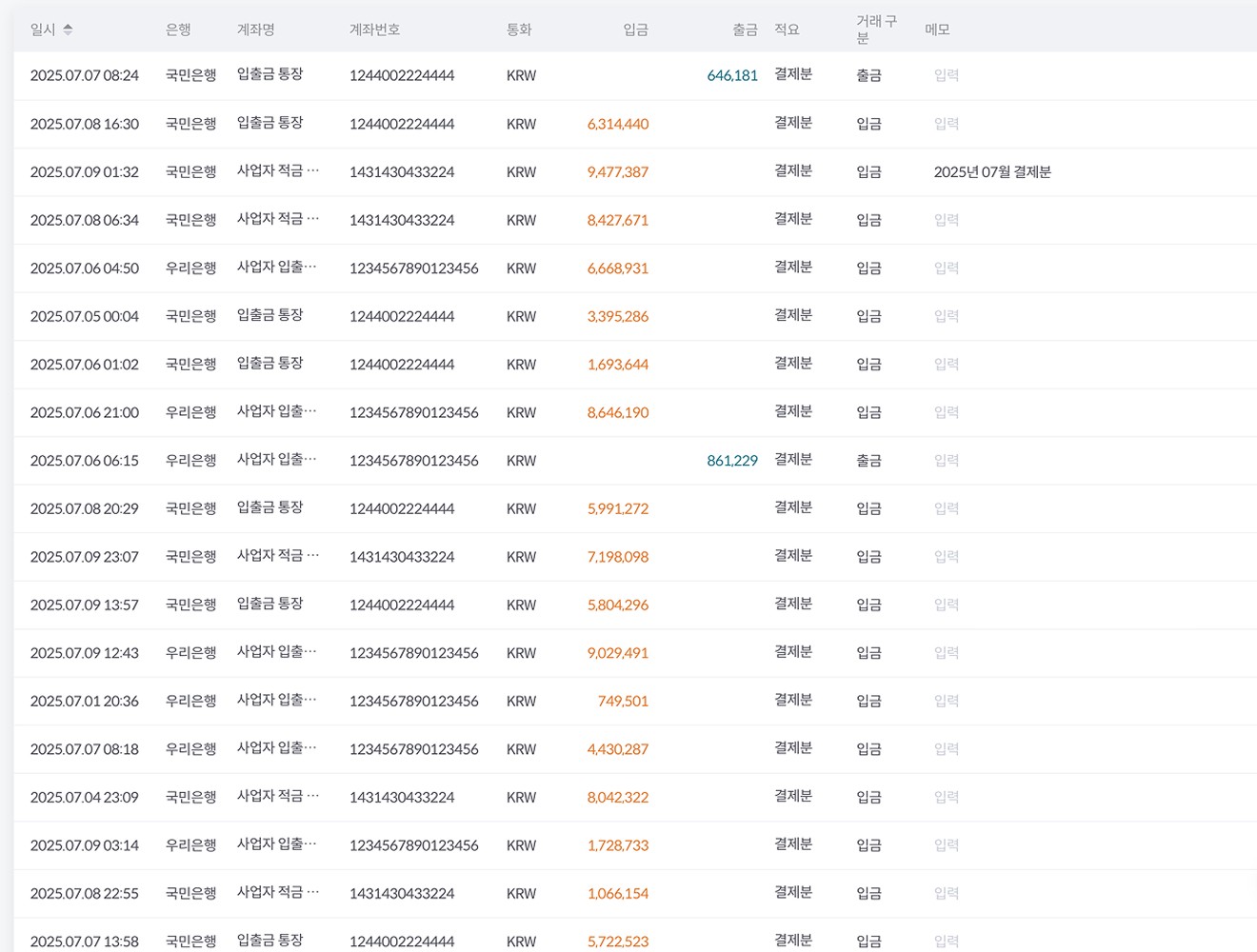 은행 입금 내역과 매출 데이터를 자동 매칭하여 거래를 정리하는 알프레드 입출금 관리 화면