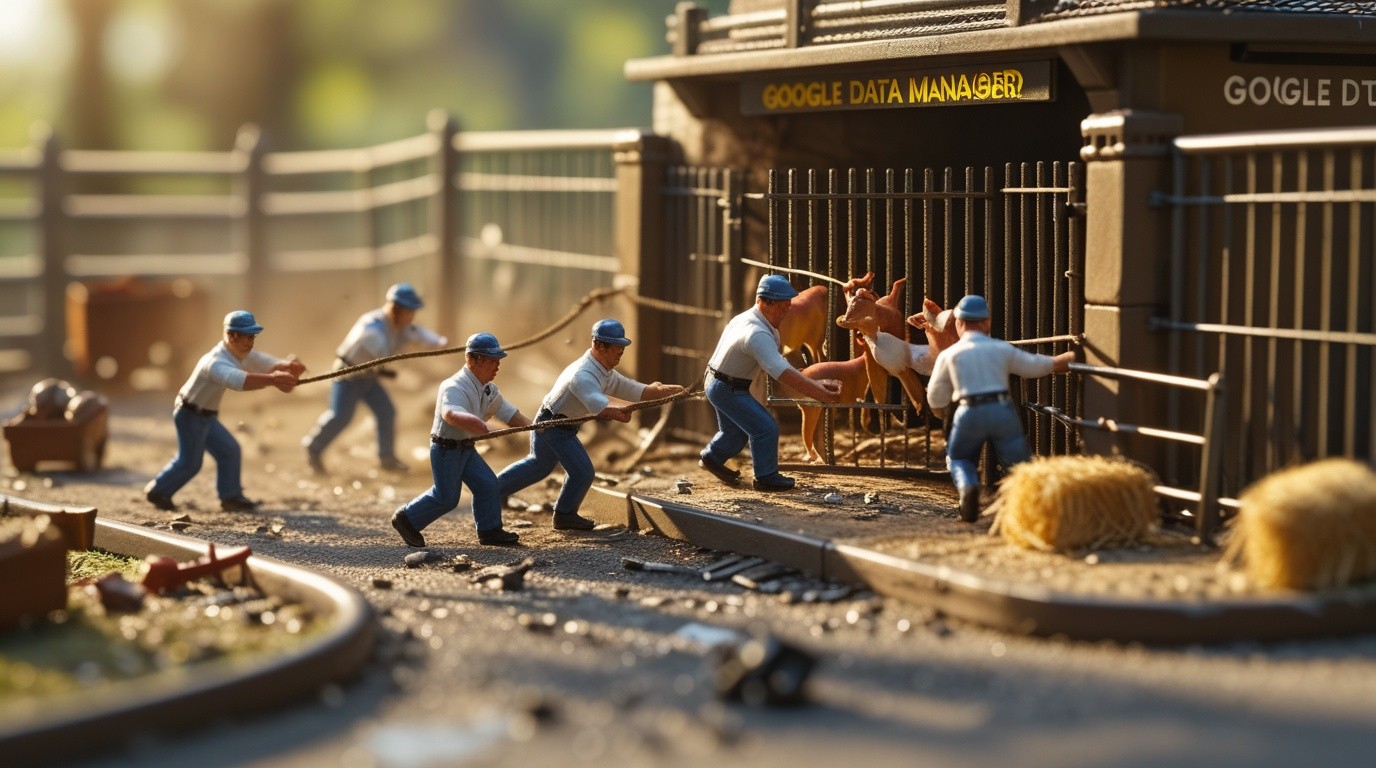 Ultra-detailed cinematic macro miniature scene. 6 tiny stylised collectible figurine zookeepers are struggling at a miniature zoo where several tiny animals are trapped behind a jammed enclosure gate and the top with text GOOGLE DATA MANAGER