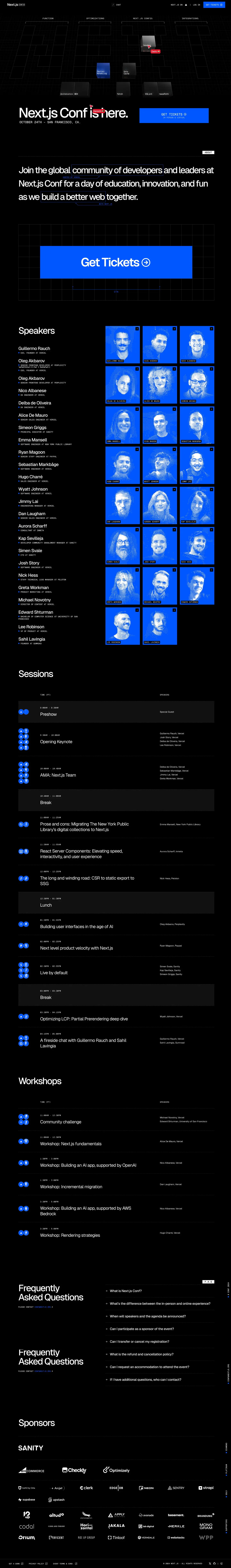 Next.js Conf by Vercel landing page screenshot showcasing Event and Tech design