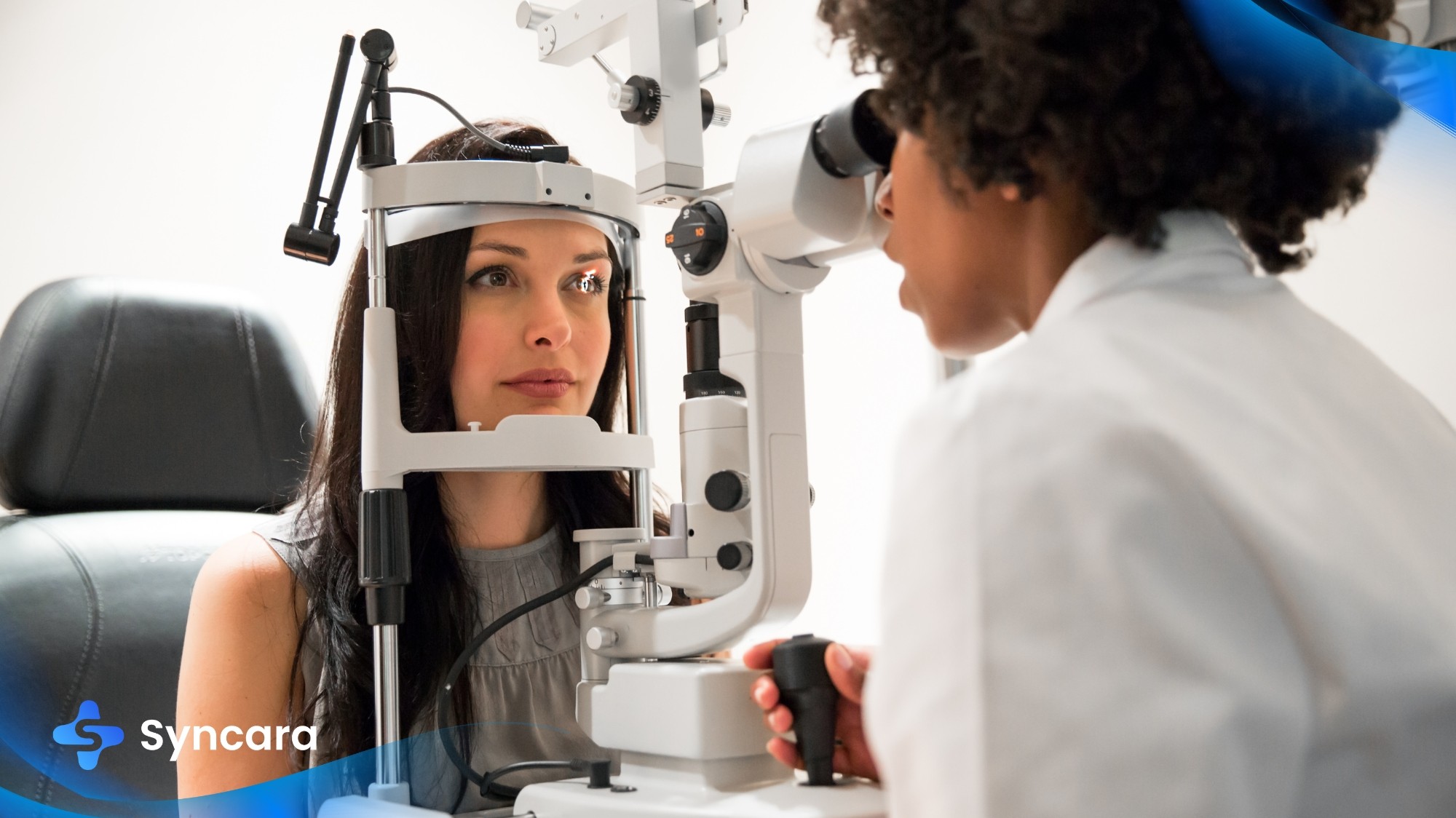Optometrist performing an eye exam on a patient in Ontario