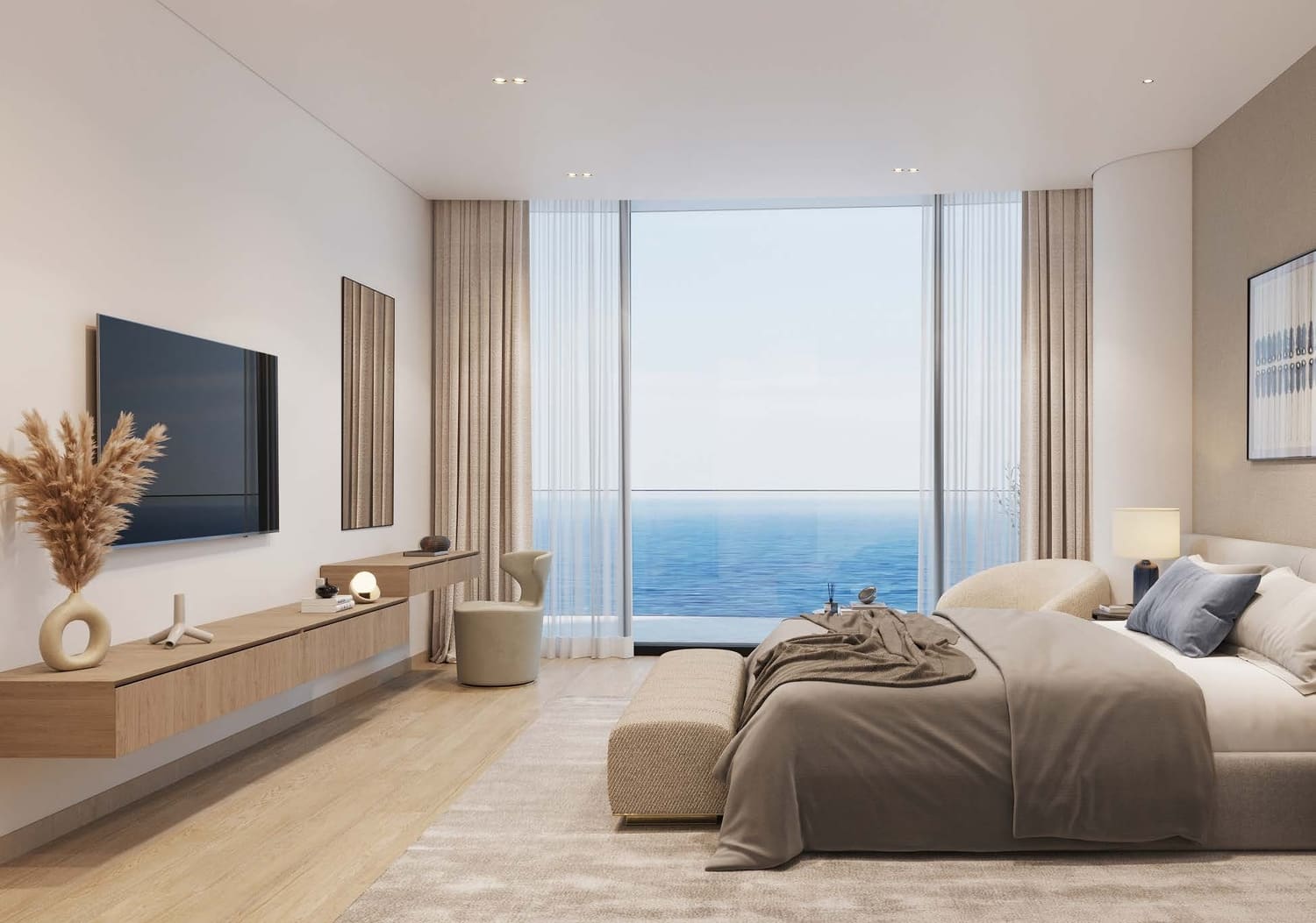 A contemporary living room with a spacious window showcasing an ocean view, reflecting Mondrian's artistic influence.